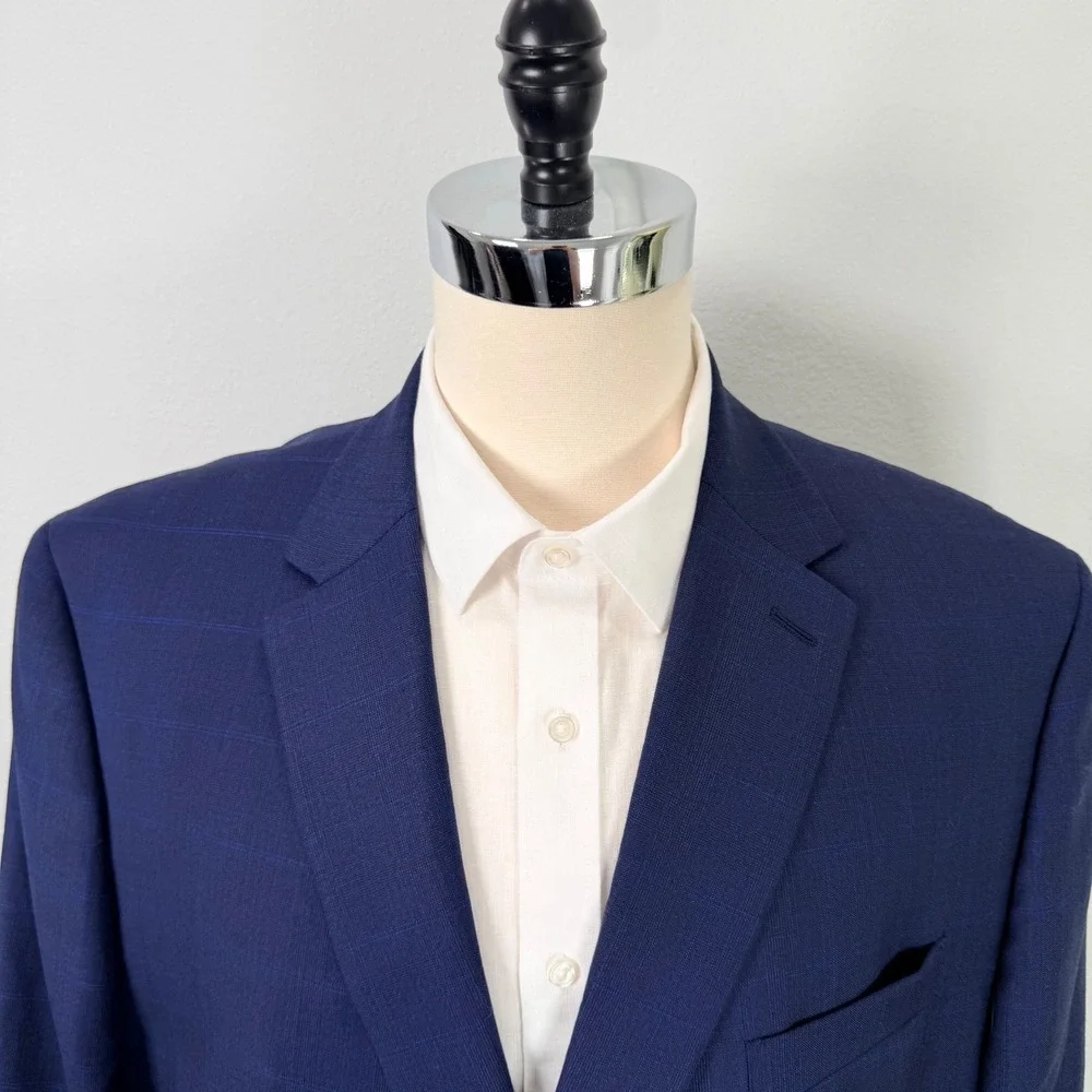 Lauren Ralph Lauren Mens Blue Plaid Wool Blend Natural Stretch Blazer Size 50R